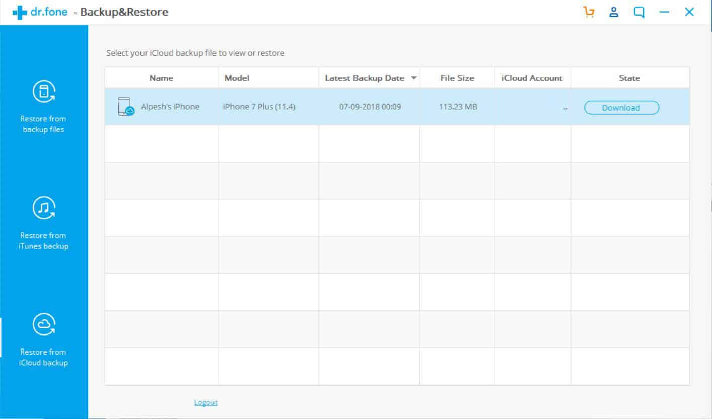 dr.fone iCloud backup Download