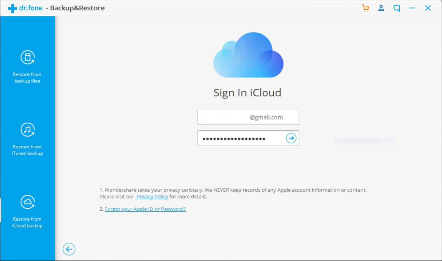 dr.fone restore from iCloud backup - Apple ID Sign in