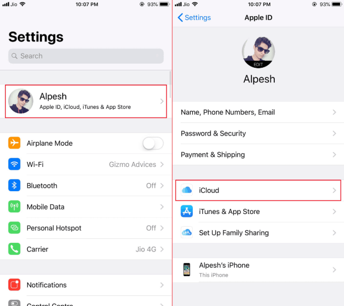 iPhone Settings iCloud